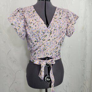 Versatile Tie Cross Front, V-neck , Wrap Floral Cropped Top